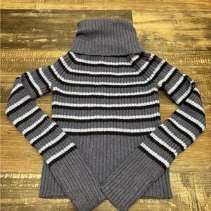 American Eagle Outfitters Ribbed Striped Turtleneck Sweater - Blue and Black